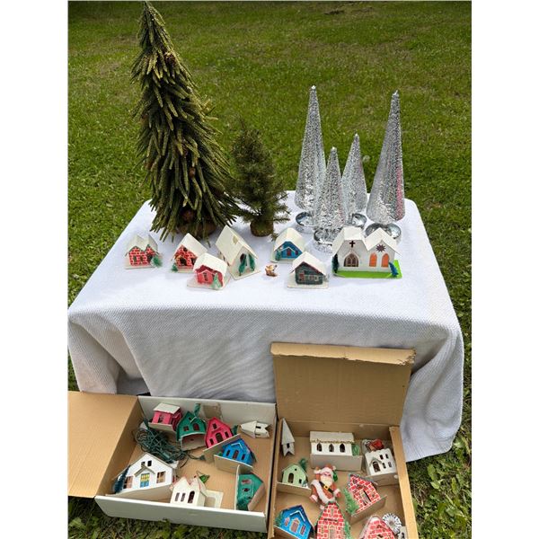 Vintage Cardboard Christmas Village with Trees