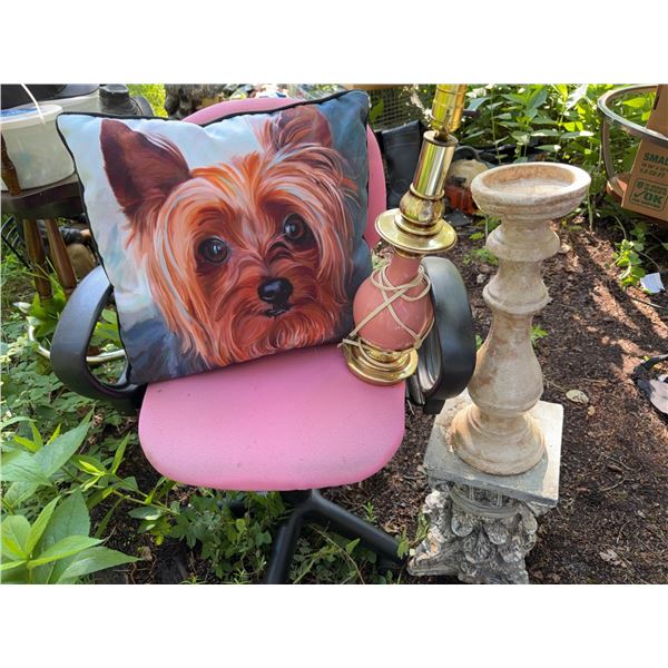Dog Portrait Pillow, Lamp, Stand, and Chair