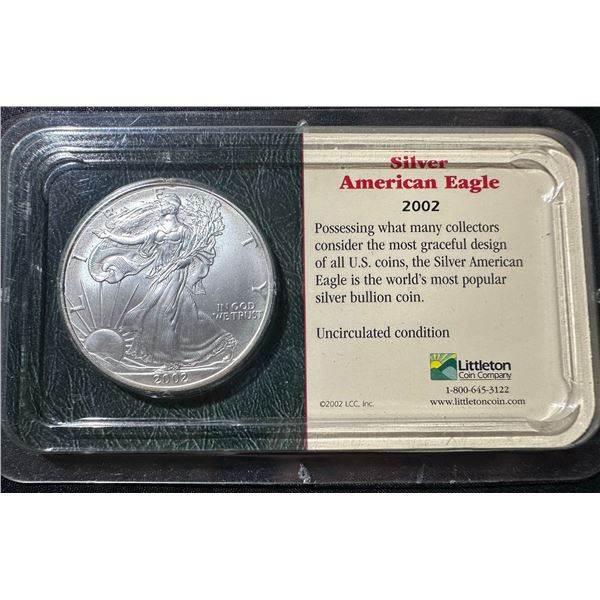 2002 Silver American Eagle 1oz Uncirculated Coin in Littleton Holder