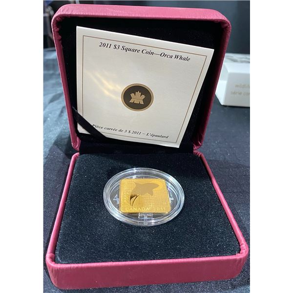 2011 Royal Canadian Mint $3 Orca Whale Square Gold-Plated Silver Coin