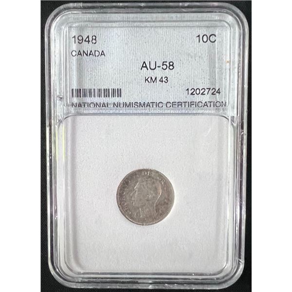 1948 Canada 10 Cent Coin AU-58 National Numismatic Certification