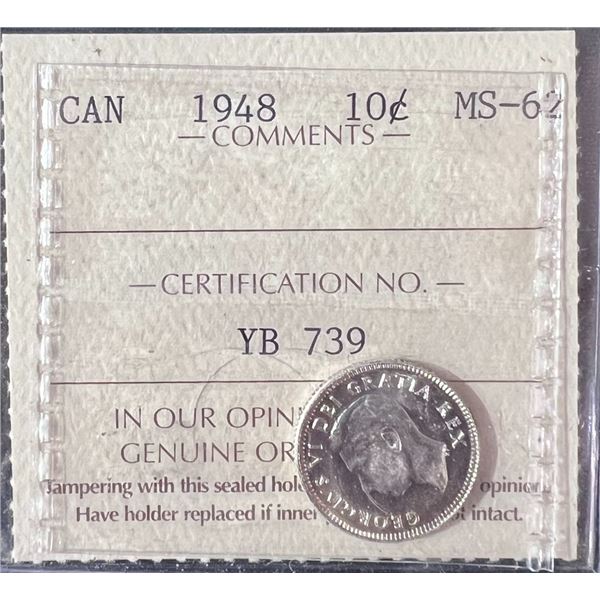 1948 Canada 10 Cent Coin ICCS MS-62 Certified