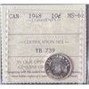 Image 1 : 1948 Canada 10 Cent Coin ICCS MS-62 Certified