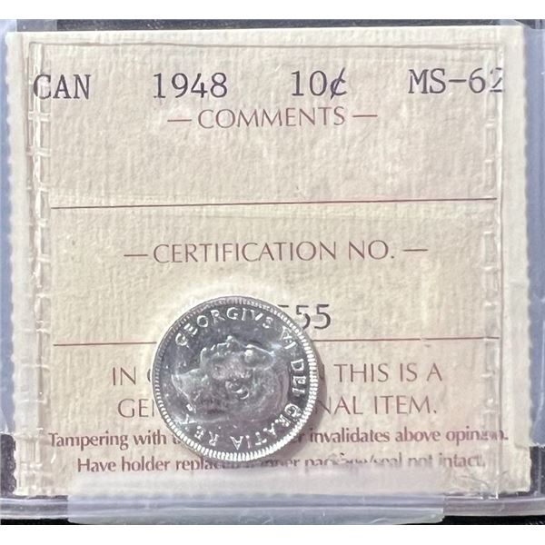 1948 Canada 10 Cent Coin, ICCS MS-62 Certified