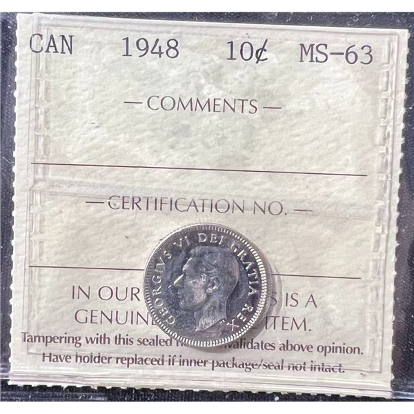 1948 Canada 10 Cent ICCS MS-63 George VI Certified Coin