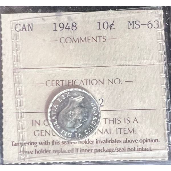 1948 Canada 10 Cent Coin, MS-63, ICCS Certified