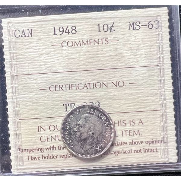 1948 Canada 10 Cent Silver Coin, ICCS MS-63 Certified