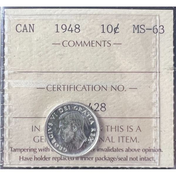 1948 Canada 10 Cents Coin, MS-63, ICCS Certified