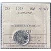 Image 1 : 1948 Canada 10 Cents Coin, MS-63, ICCS Certified