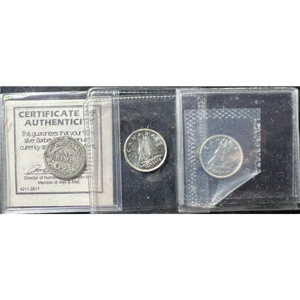 1906 Barber Dime, 1948 Canada 10 Cents, 1965 Canada 10 Cents