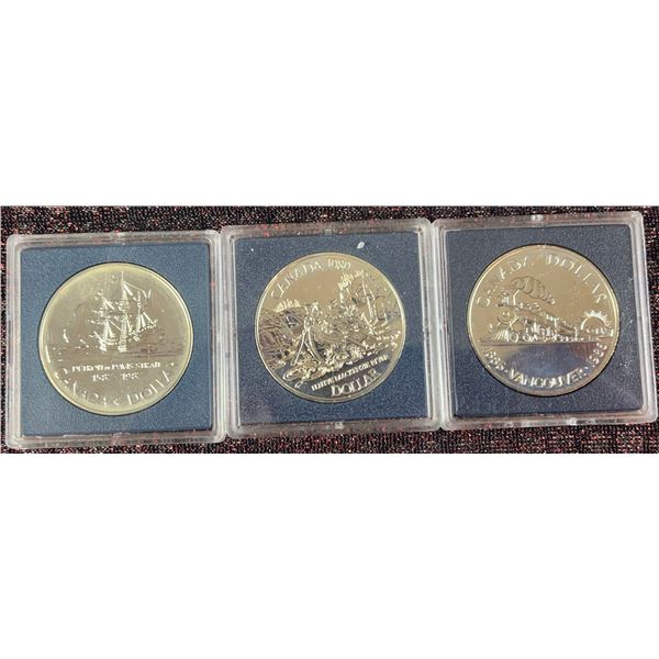 Three Sterling Silver Canadian Commemorative Dollar Coins, 23.03g Each