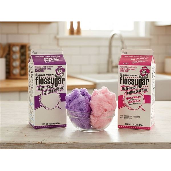 Gold Medal Flossugar, Lot containing 3 Silly Nilly Pink Vanilla and 1 Purple Cotton Candy Mix