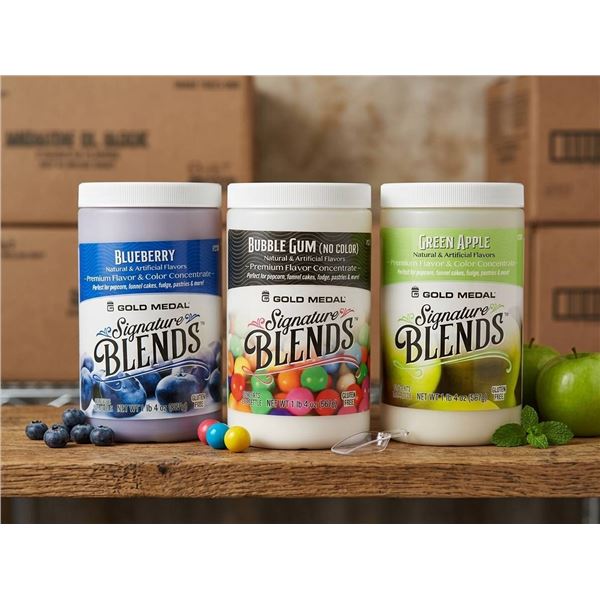 Gold Medal Signature Blends Bluberry, Bubble Gum, and Green Apple flavour concentrate