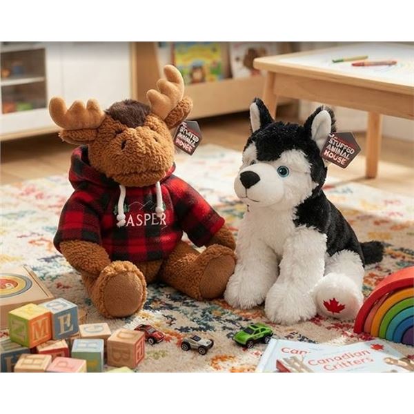 Jasper Moose and Stuffed Animal House Husky