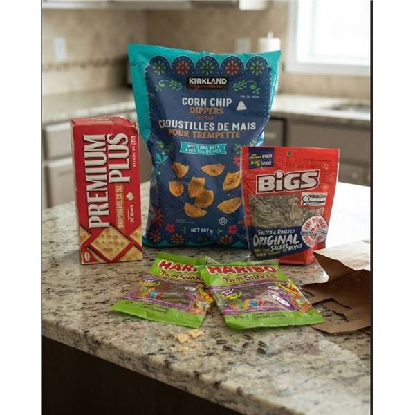 Snack Assortment: Chips, Crackers, Seeds, GUM