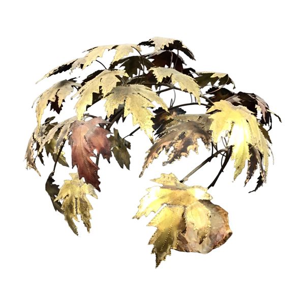 Mid-Century Modern Brutalist Copper Tree Sculpture with Maple Leaves on Stone Base