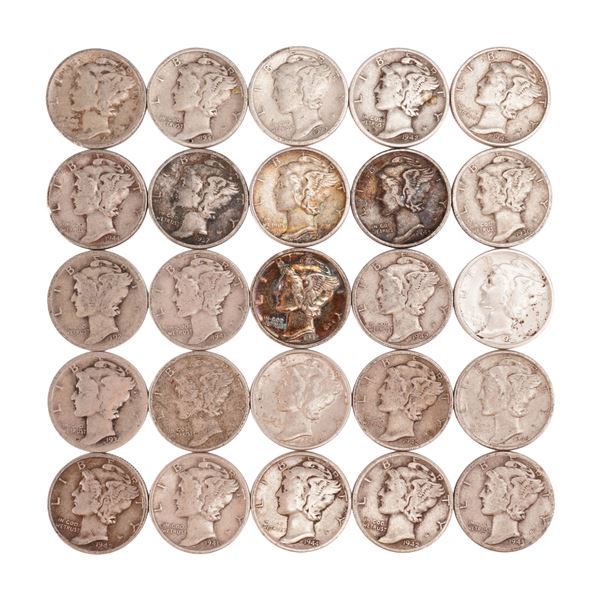 Lot of 25 Loose Mercury 90% Silver Dimes, Circulated