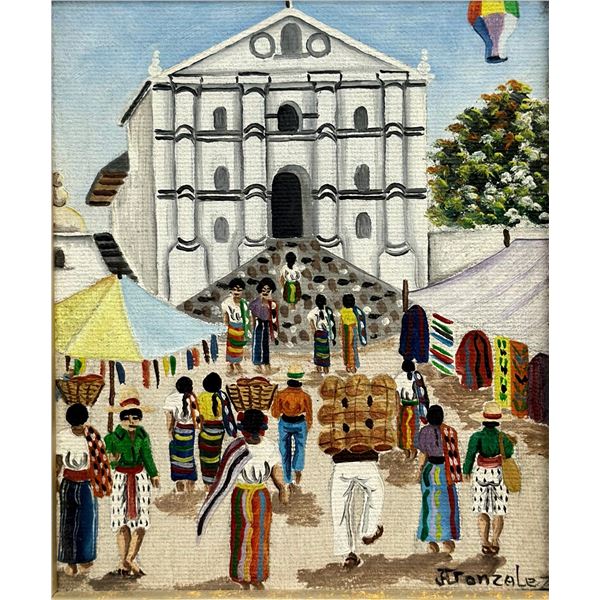 Jose Antonio Gonzalez Escobar (Guatemala, b. 1941), Market Scene Before a Church, Acrylic on Canvas