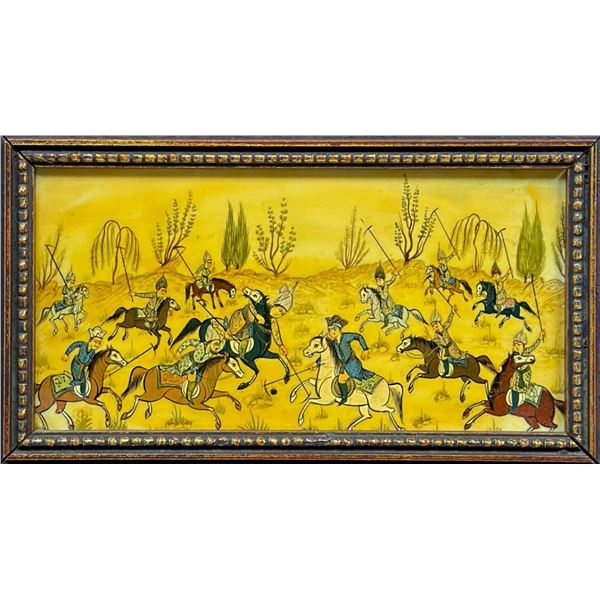 Framed Miniature Painting of a Persian Polo Match on Board