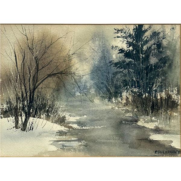 P. Buchanan (20th Century), Winter Stream Landscape, Original Watercolor Painting, 1981