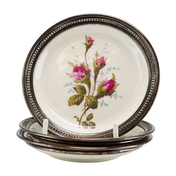 Set of Three Rosenthal Moss Rose Porcelain Plates with Beaded Sterling Silver Rims