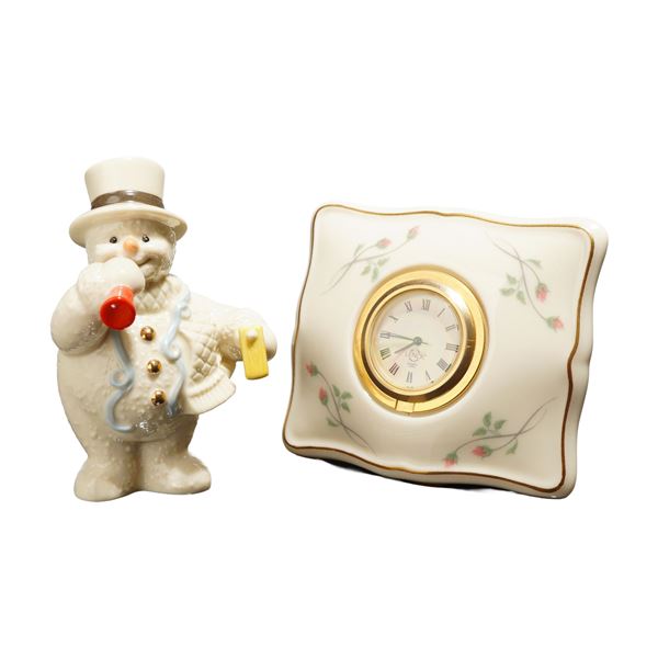 2pc Lenox Bone China Collection Pieces, Celebration Snowman and Rose Manor Clock