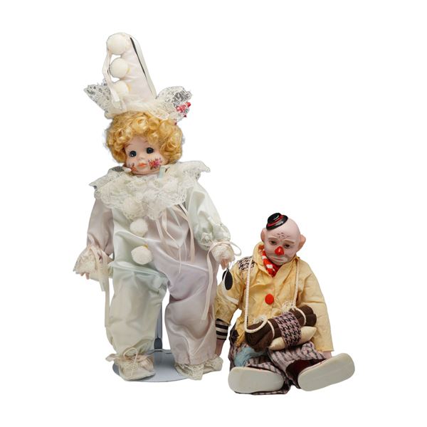 Two Vintage Porcelain Clown Dolls including Brinn Curly Clown