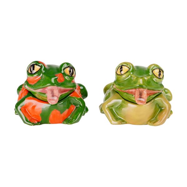 2pc Kevin Francis Frog Face Pots, Got Flies? and Give us a Kiss