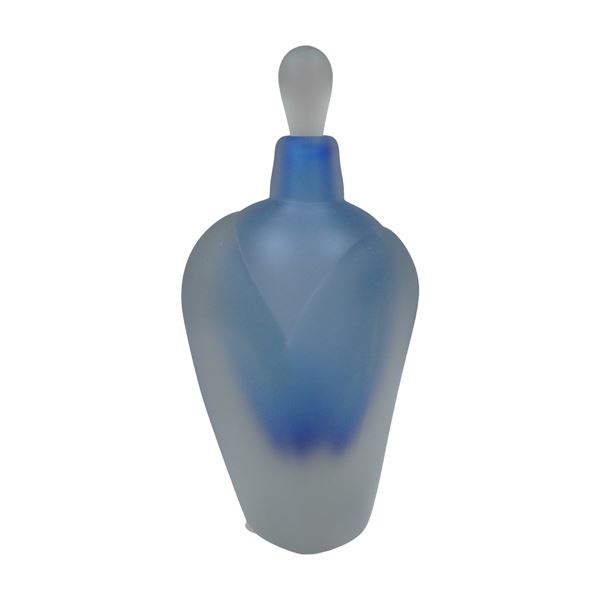 Frosted Blue Art Glass Perfume Bottle with Stopper Dated 1983