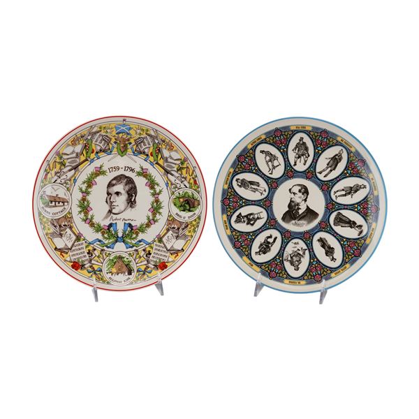 Pair of Wedgwood Commemorative Earthenware Plates, Robert Burns and Dickens Characters