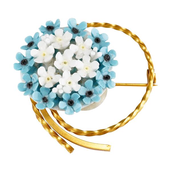 Wedgwood Porcelain Forget-Me-Not Floral Brooch in Gold-Toned Frame