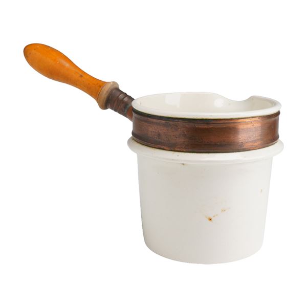 Wedgwood Antique Queensware Saucepan with Copper and Wood Fittings