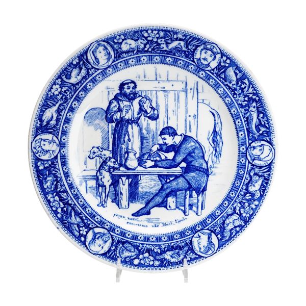 Wedgwood Ivanhoe Series Friar Tuck Entertains the Black Knight Blue Transferware Plate