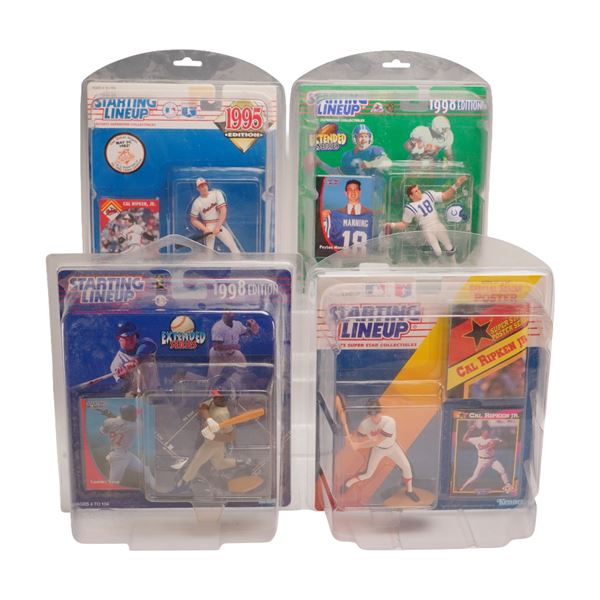 4pc Kenner Starting Lineup Sports Action Figures Including Cal Ripken Jr., Peyton Manning, and Sammy