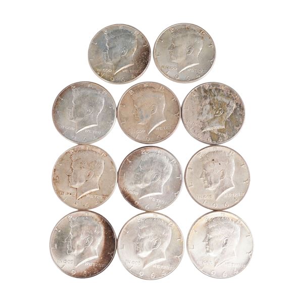 Lot of 11 1964 Kennedy Half Dollar 90% Silver Coin, Circulated