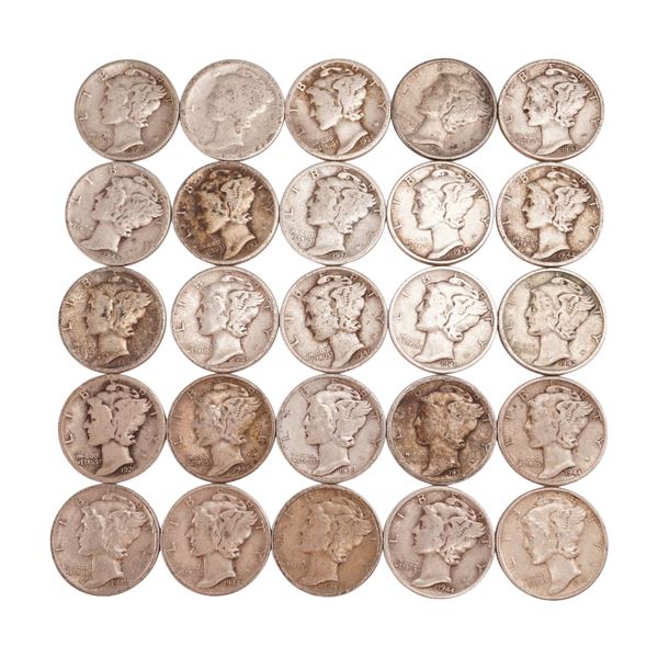 Lot of 25 Loose Mercury 90% Silver Dimes, Circulated