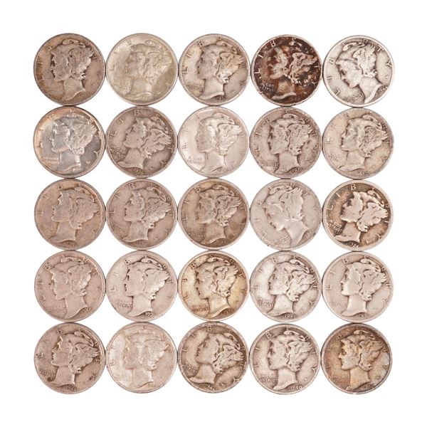 Lot of 25 Loose Mercury 90% Silver Dimes, Circulated