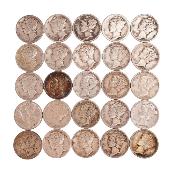 Lot of 25 Loose Mercury 90% Silver Dimes, Circulated