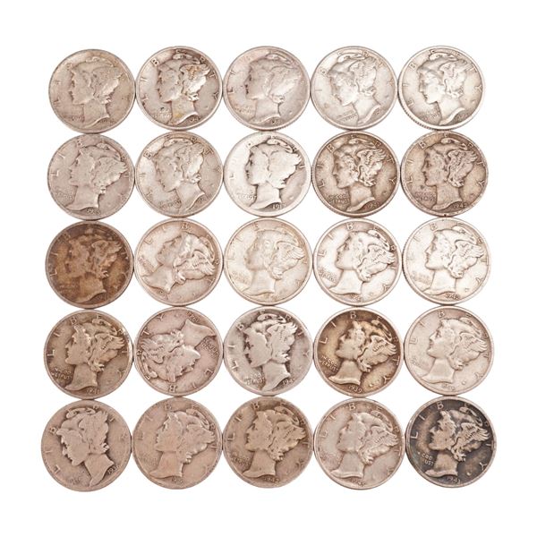 Lot of 25 Loose Mercury 90% Silver Dimes, Circulated