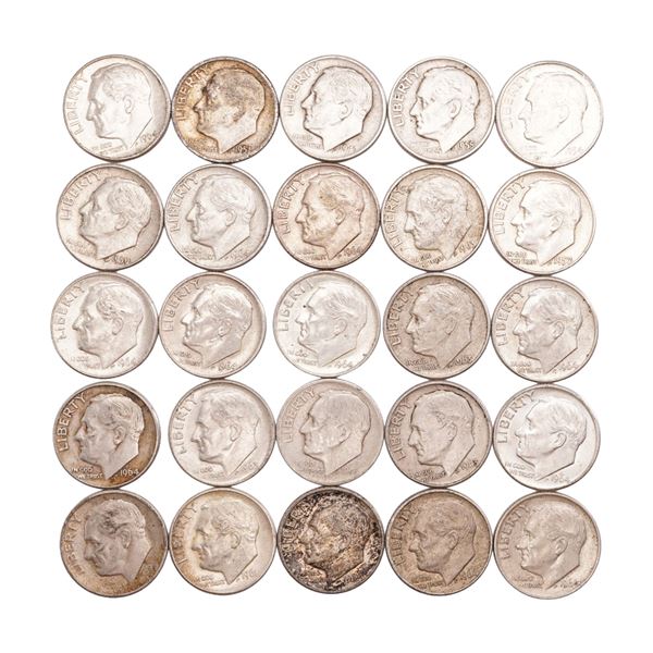 Lot of 25 Loose Roosevelt 90% Silver Dimes, Circulated