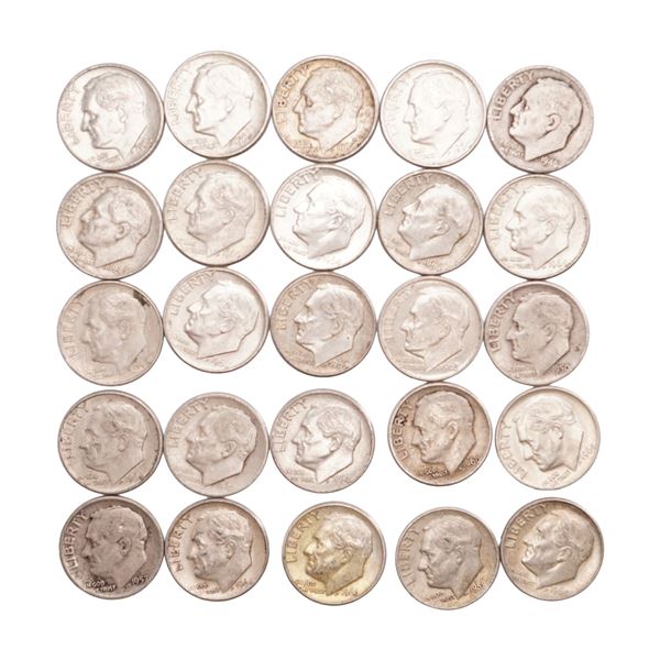 Lot of 25 Loose Roosevelt 90% Silver Dimes, Circulated