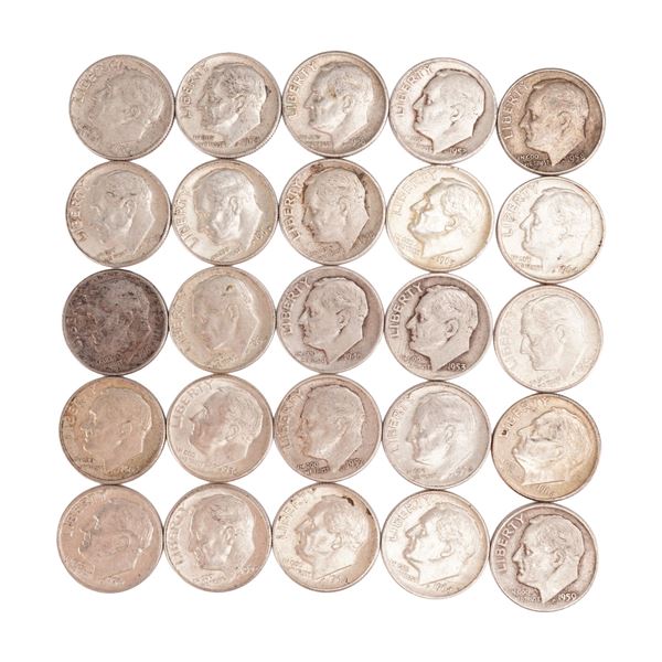Lot of 25 Loose Roosevelt 90% Silver Dimes, Circulated