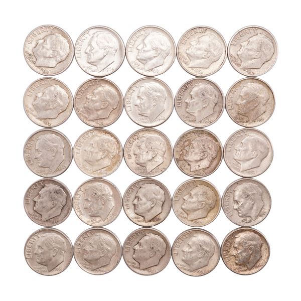 Lot of 25 Loose Roosevelt 90% Silver Dimes, Circulated