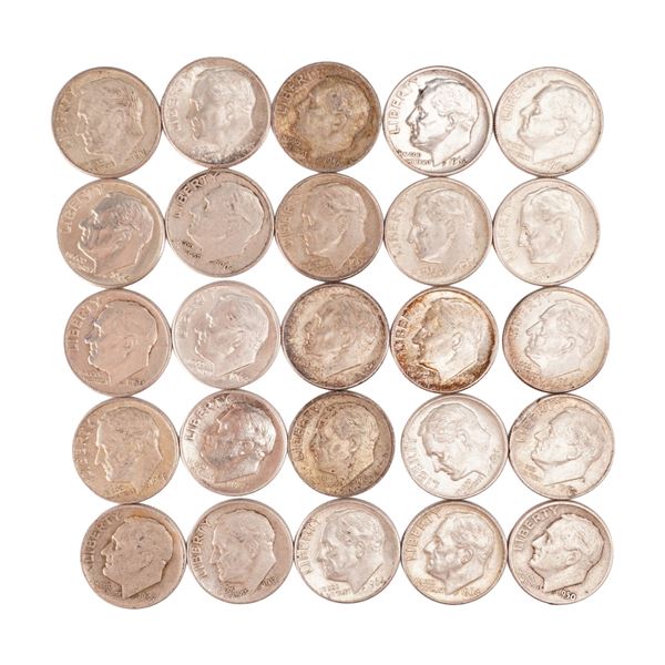 Lot of 25 Loose Roosevelt 90% Silver Dimes, Circulated