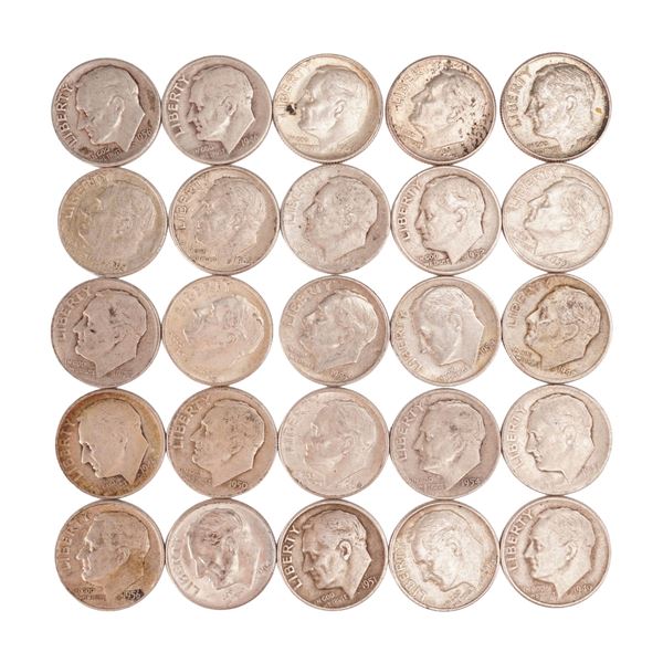 Lot of 25 Loose Roosevelt 90% Silver Dimes, Circulated
