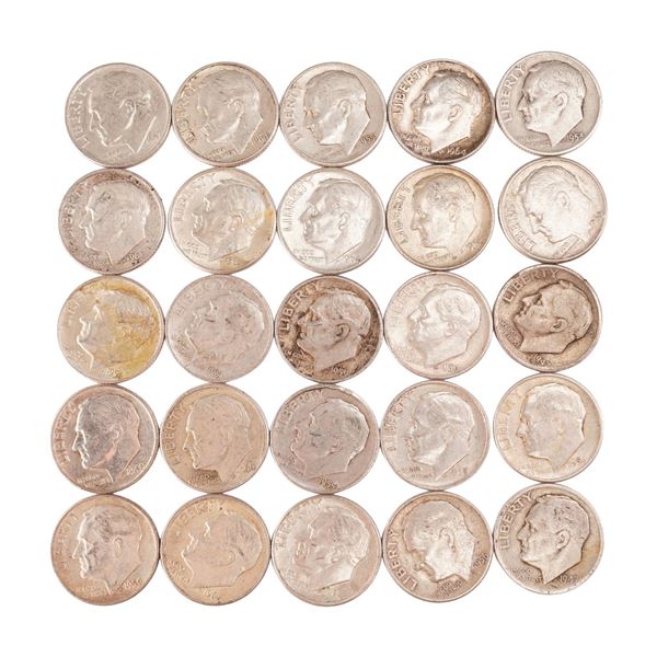 Lot of 25 Loose Roosevelt 90% Silver Dimes, Circulated