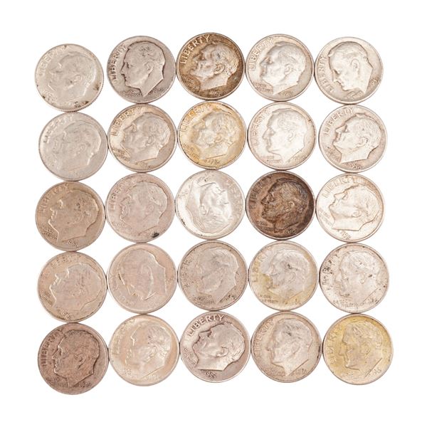Lot of 25 Loose Roosevelt 90% Silver Dimes, Circulated