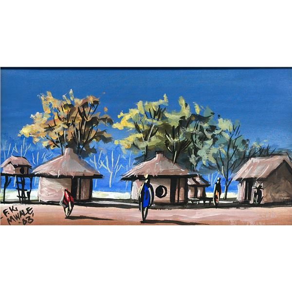 F.K. Mwale, African Village Scene, Gouache on Canvas, 1983