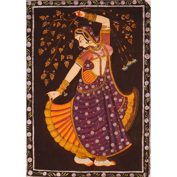 Indian Hand-Painted Woman with Branch Textile Art