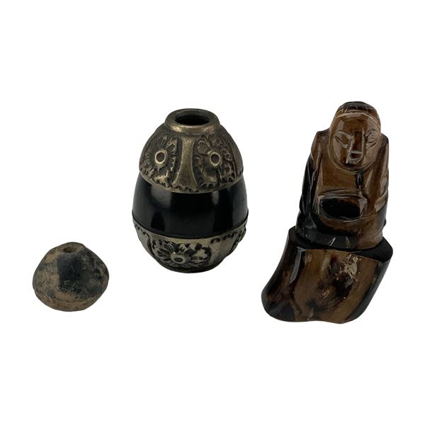 A Trio of Miscellaneous Items Including a Japanese Carved Horn Pipe Holder